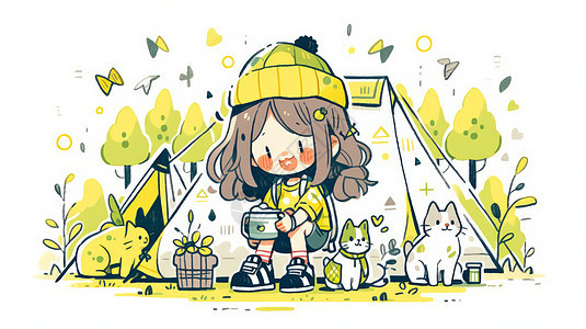 坐在露营帐篷边拿着茶杯的可爱卡通女孩图片
