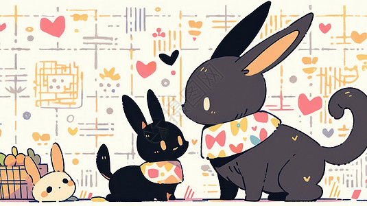 两只围着围巾的可爱的卡通黑兔子图片