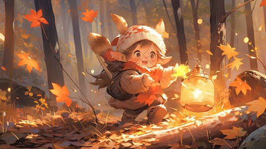 秋天在森林中探险的可爱卡通小精灵背景图片