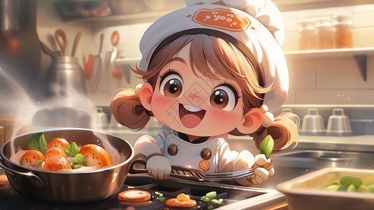 在厨房忙碌的可爱卡通小厨师女孩背景图片