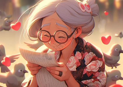 正在认真阅读开心微笑的卡通老奶奶图片