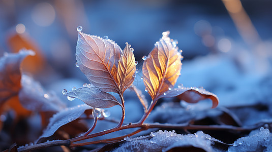 清晨被霜与露水打过的叶子高清图片