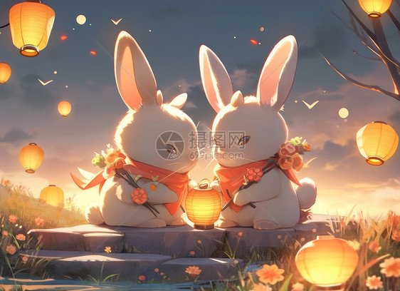 一起过中秋节的两只可爱卡通兔子图片