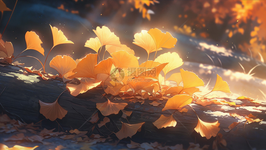 秋天落在木头上的卡通金黄色银杏叶图片