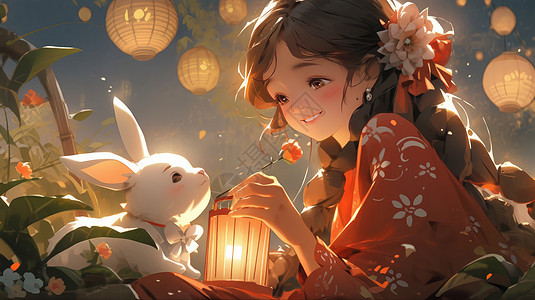 中秋节美丽漂亮的卡通嫦娥与小白兔背景图片