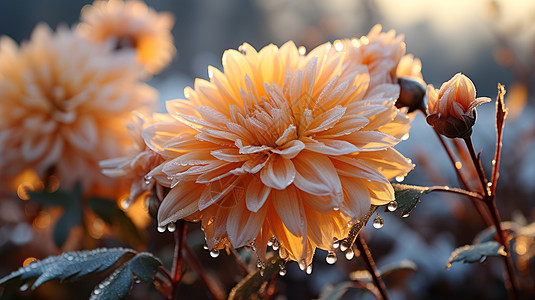 实拍背景被霜冻过的橙色漂亮的菊花插画