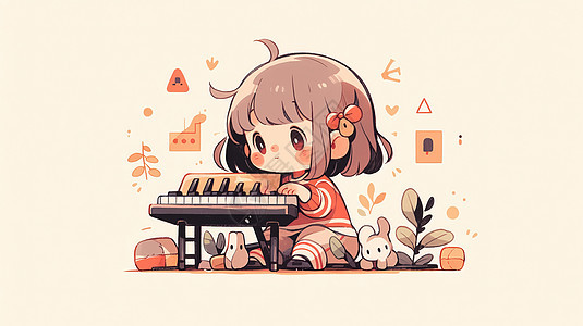 坐在钢琴后面玩耍的可爱卡通小女孩图片