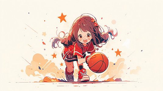 青少年打篮球可爱的长发卡通女孩在打篮球插画