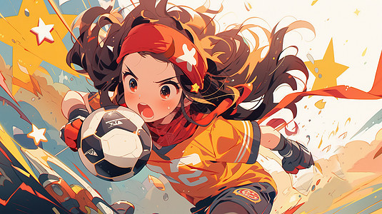 包红色头巾的长发卡通女孩在踢足球图片