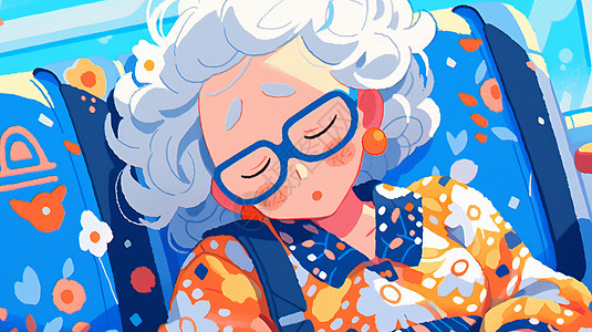 时尚老年人坐在车上酣睡的时尚卡通老奶奶插画