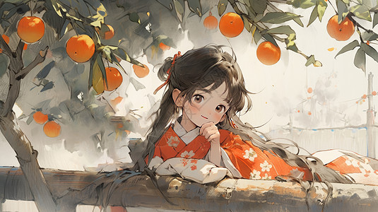 古风装扮的可爱卡通女孩在丰收的橙色果实树下图片