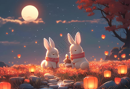 中秋节夜晚几只可爱的卡通兔子在赏月插画
