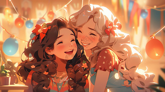 两个漂亮的长发女孩在一起开心笑图片