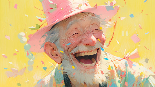戴着粉色生日帽开心笑的卡通老头背景图片