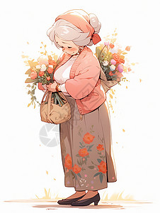 抱着花束开心笑的卡通老奶奶图片