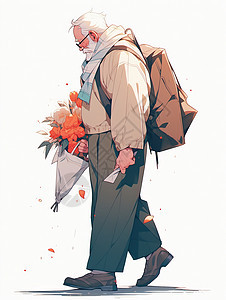 拿着花束背着包走路的卡通老爷爷背景图片