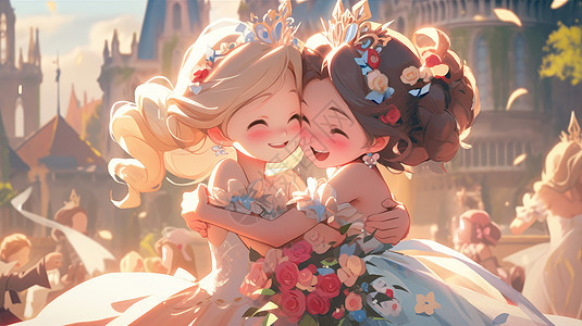 两个可爱的卡通小公主脸贴脸拥抱在一起开心笑数字艺术图片