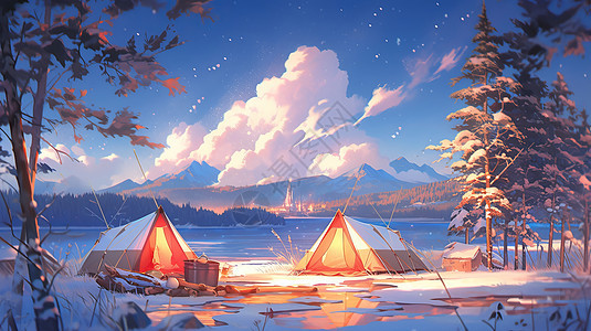 湖边两个亮着灯温馨的卡通露营帐篷图片