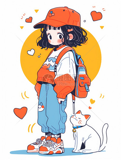 头戴橙色帽子背着的可爱卡通小女孩与宠物猫图片