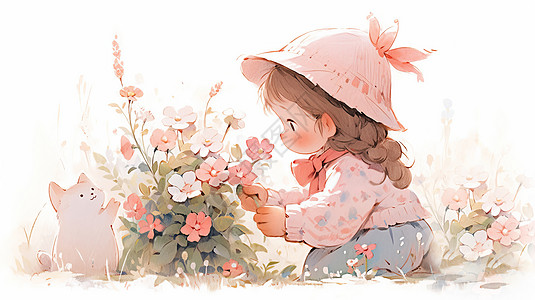 戴粉色帽子与宠物猫一起采摘哦花朵的卡通女孩图片