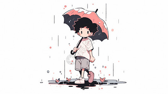 手拿雨伞走在雨中的可爱卡通男孩图片