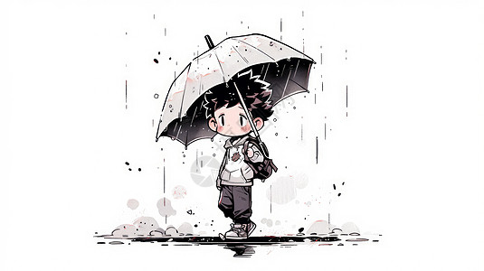 背着书包和雨伞放学回家的可爱卡通男孩图片