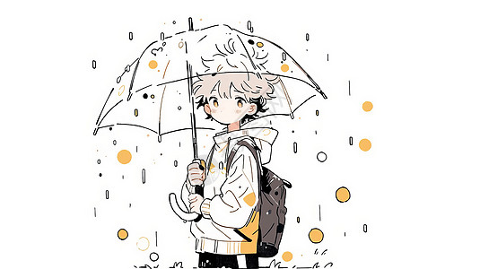 在雨中手拿透明雨伞的可爱卡通男孩图片