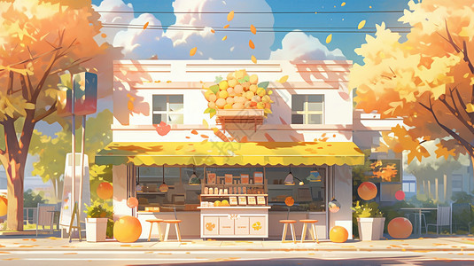 秋天在两棵树中间的卡通商店图片