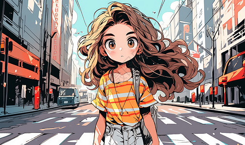 穿格子T恤走在街上的时尚卡通女孩图片