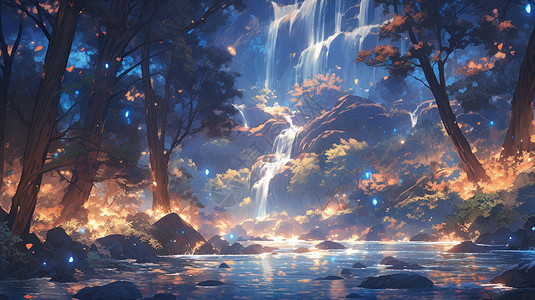 秋天梦幻的卡通森林与瀑布背景图片