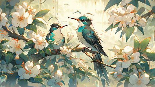 两只可爱的卡通小鸟站在开满花朵的树梢上图片