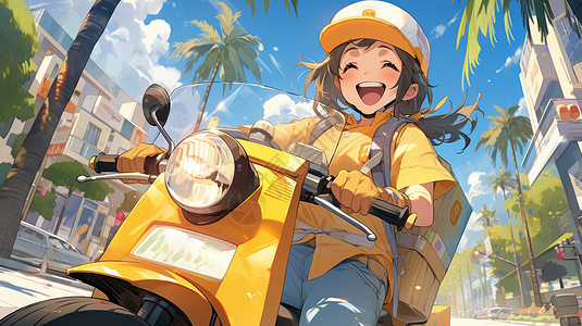 骑电动车送外卖开心笑的卡通女孩背景图片