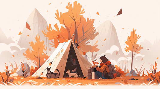 秋天在野外露营背着包的卡通女孩与宠物狗字艺术图片