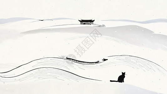 冬天雪地上的黑猫极简插画图片