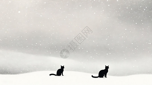 雪地上的黑猫极简插画图片
