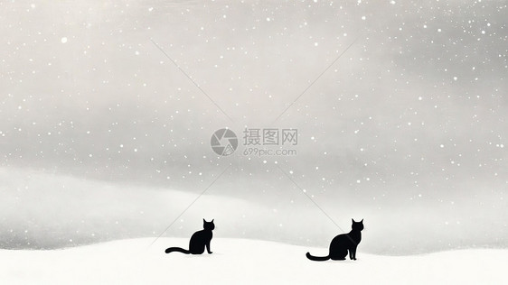 雪地上的黑猫极简插画图片