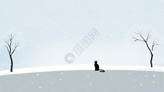 大雪雪地上的黑猫极简插画图片