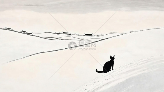 冬日雪地上的黑猫极简插画图片