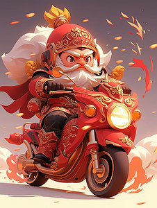 喜庆的红色古风装扮的卡通财神骑摩托车图片