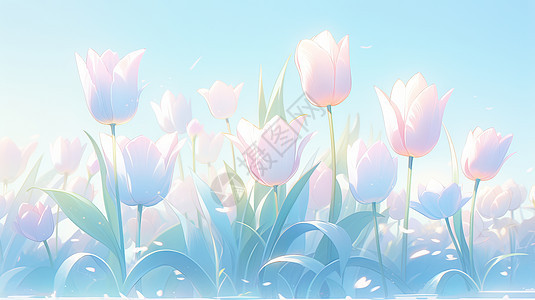 蓝天下淡淡的粉色小清新卡通花朵图片