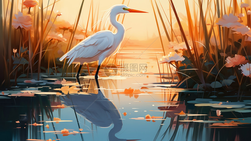 秋天漂亮的卡通白鹭鸟悠闲走在河中图片