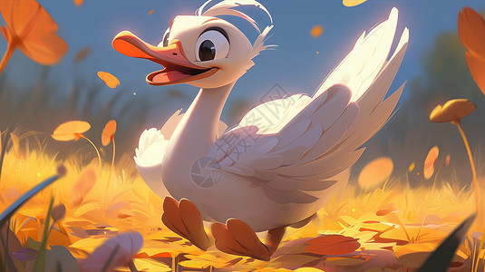 开心的在金黄色草地上撒欢的可爱卡通白色鸭子图片