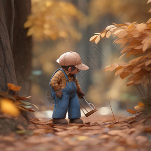 秋天戴着棒球帽站在森林中的羊毛毡卡通人物图片