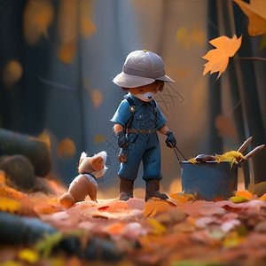 秋天在森林中的羊毛毡卡通小狗形象与宠物狗在玩耍图片