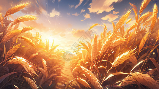夕阳下金黄色丰收的卡通麦子地背景图片