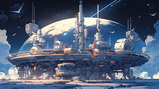 科幻卡通外太空星球上太空基地背景图片