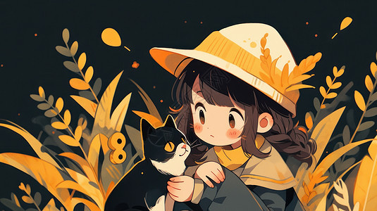 头戴黄色帽子与黑色宠物猫在一起的卡通女孩图片