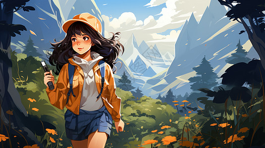 戴着棒球帽在森林中探险的卡通女孩背景图片