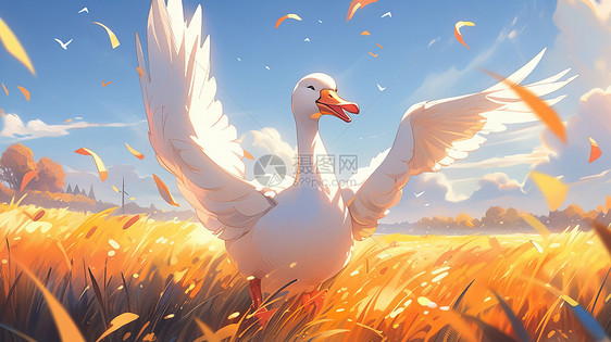 张开翅膀在金色草地上狂奔的可爱卡通鸭子图片