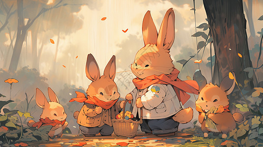 在森林中可爱的大兔子与小兔子图片